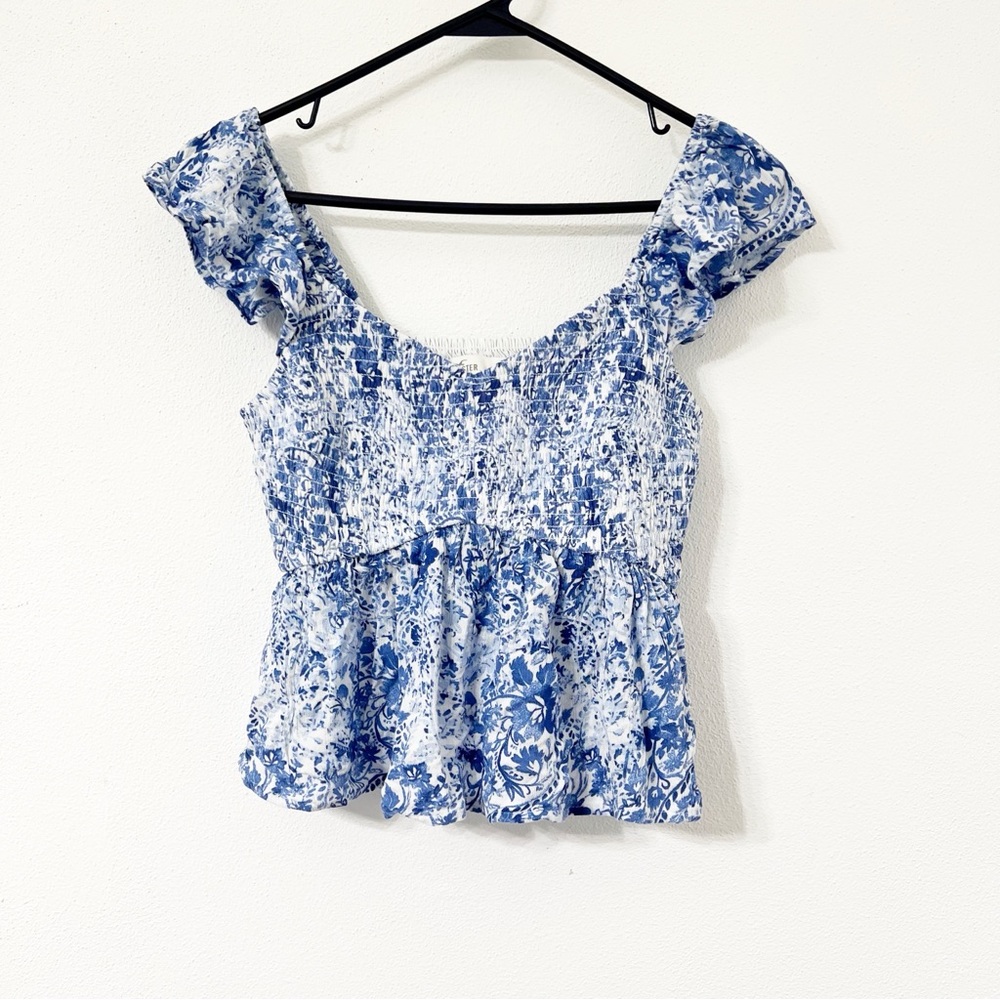 Hollister Blue & White Smocked Floral Peplum Crop Top - Size M